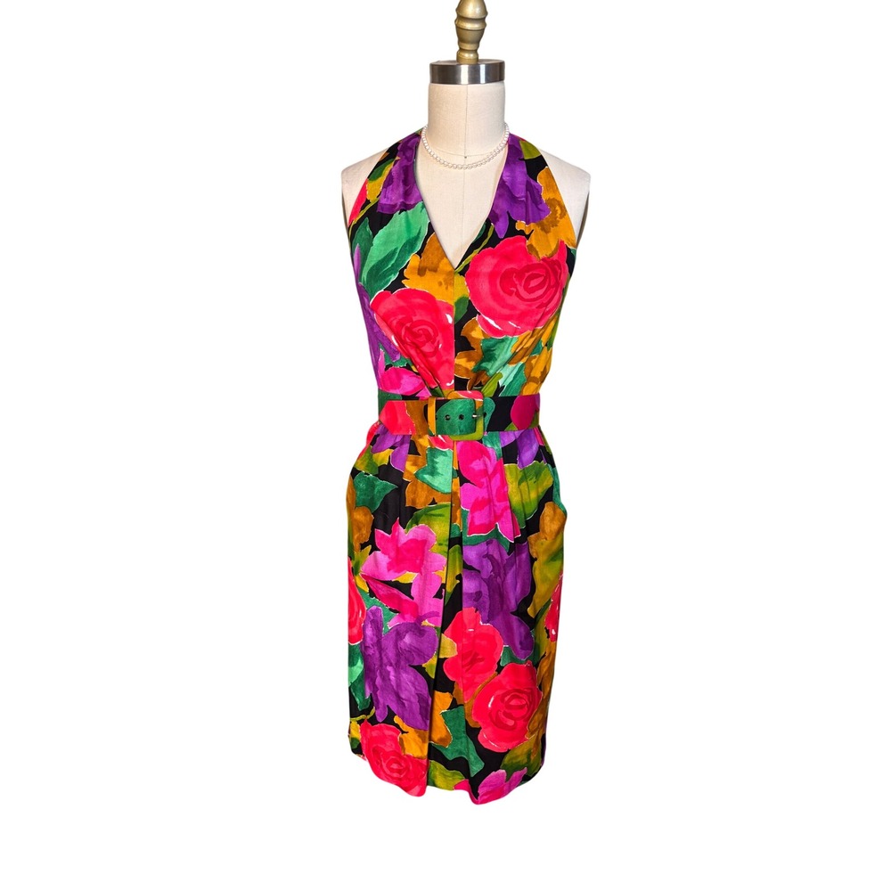 Jackie Bernard Cottage Core Halter Belted Pockets Midi Dress 6 Multi Vintage